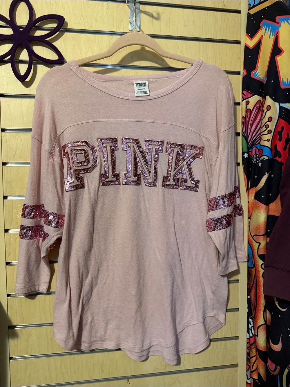PINK Victoria's Secret Light Pink Sequin Logo Long Sleeve Top